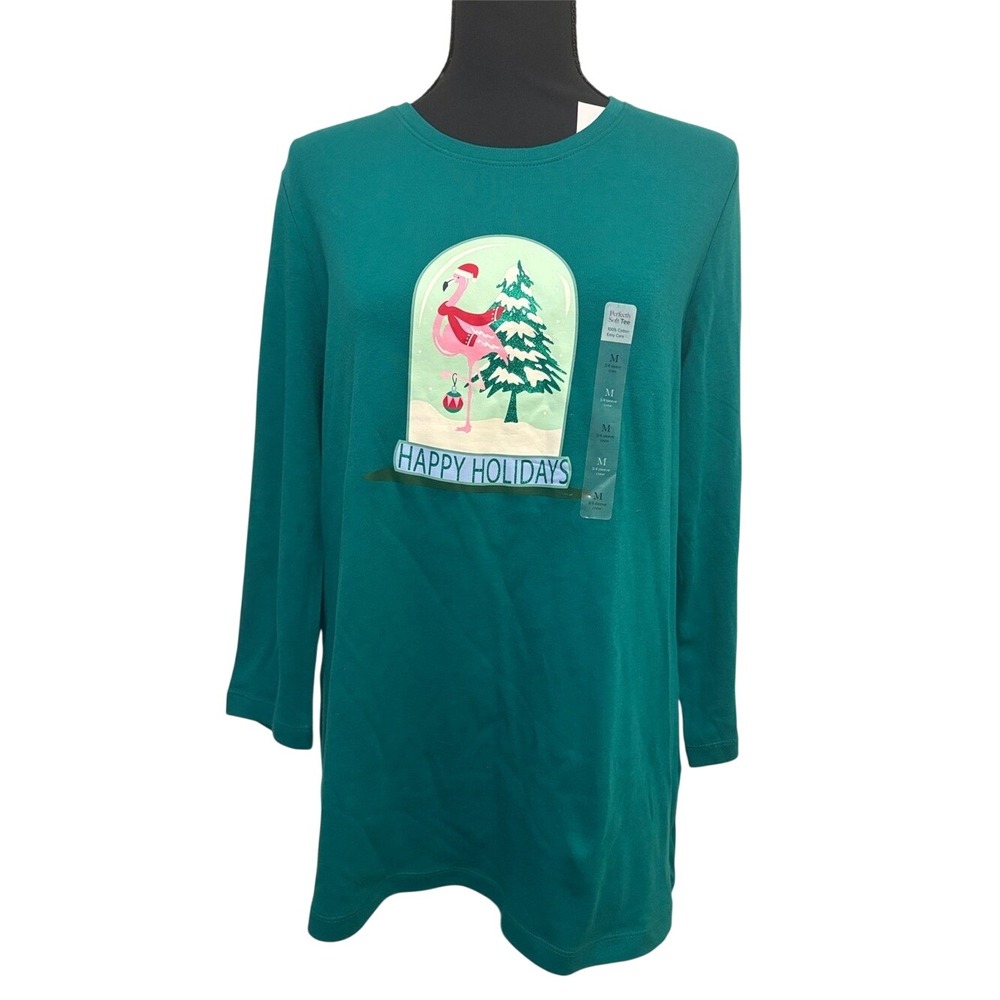Kim Rogers Teal Long-Sleeve 'Happy Holidays' Flamingo Graphic Top Size M NWT